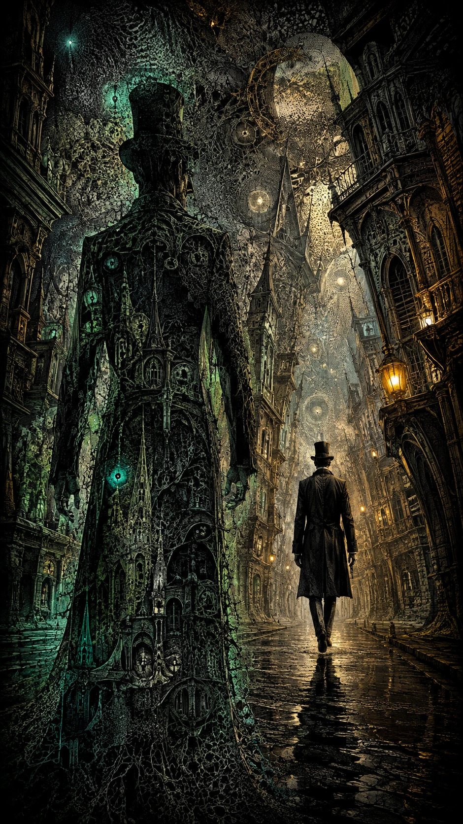 Spectral man walking through surreal gothic city street