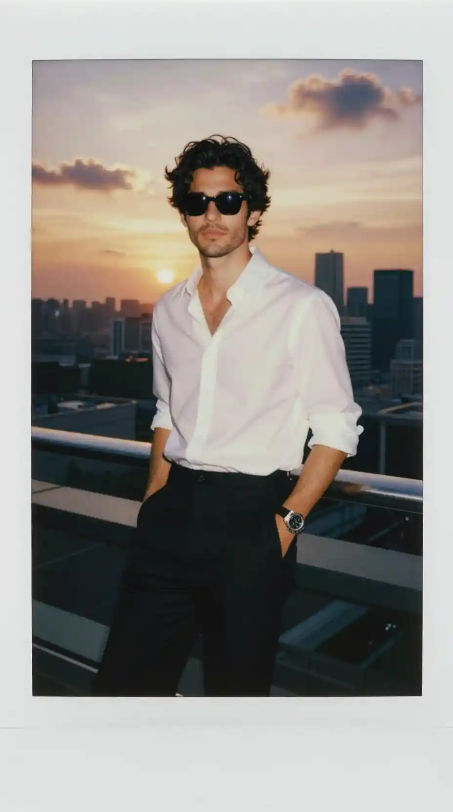Homem estiloso em rooftop ao pôr do sol com horizonte urbano