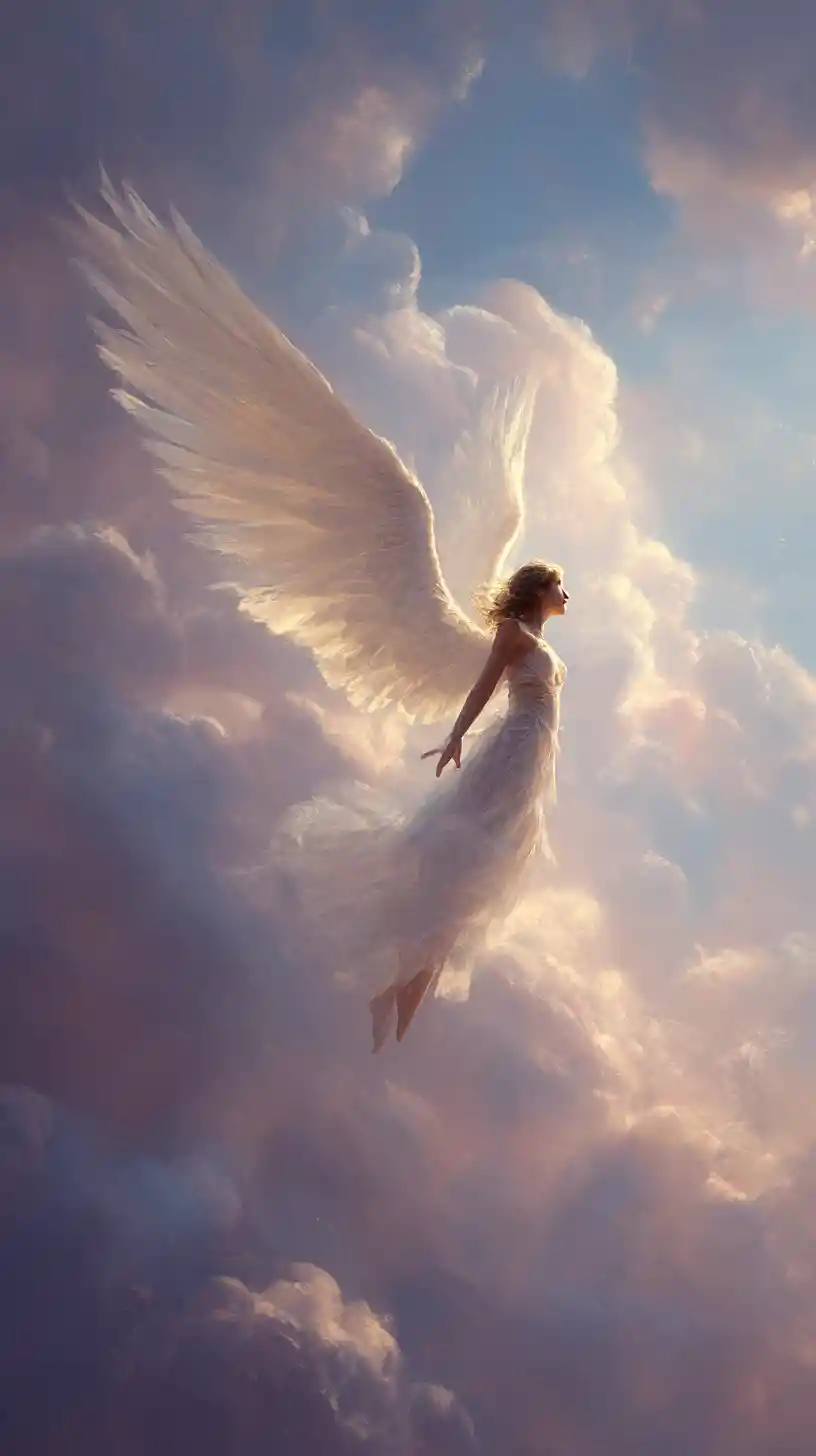Man with angel wings looking toward a hopeful sky