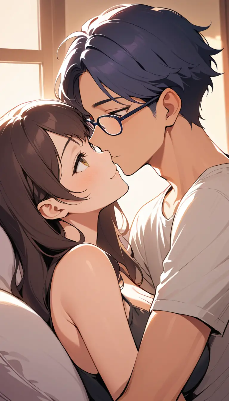 戴眼鏡的韓國女孩在室內分享溫柔一吻