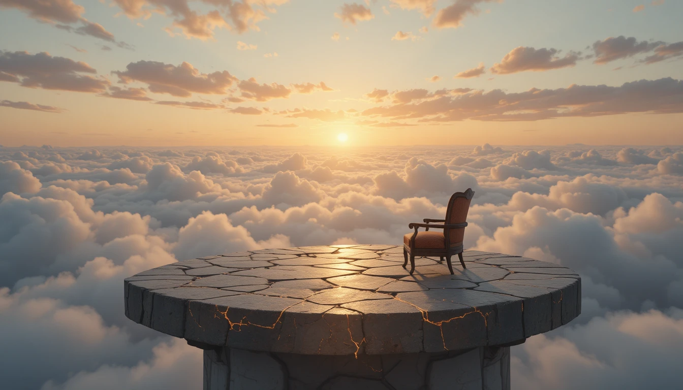 Solitaria balconata di pietra sopra nuvole pastello all’alba
