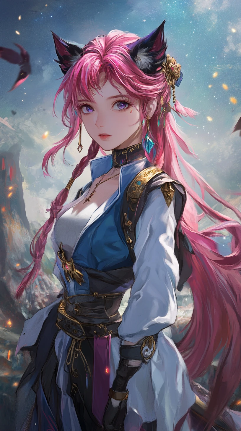 Fille d’anime en tenue élaborée avec cheveux roses et béret