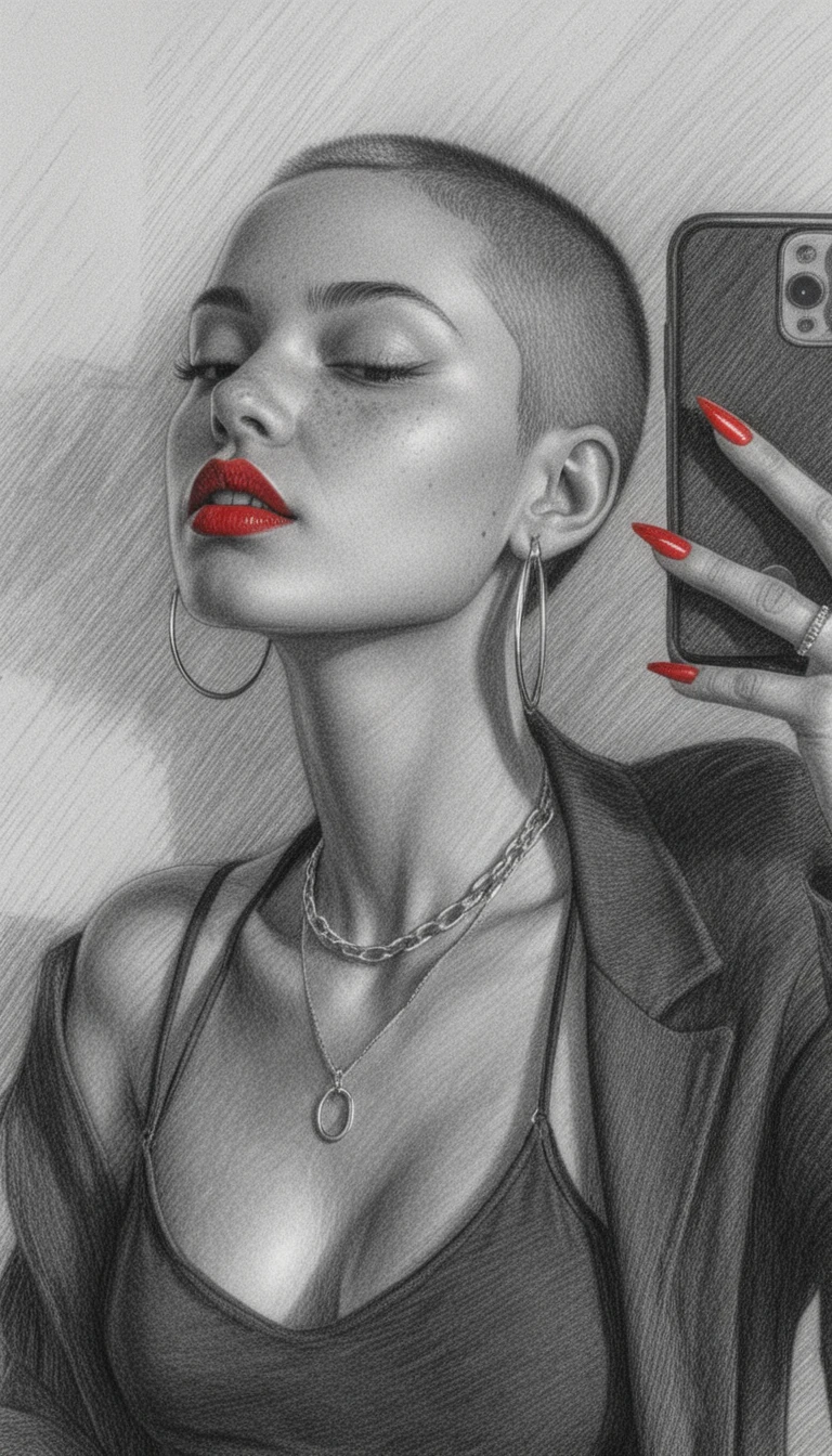 Graphite portrait of a woman taking a confident mirror selfie