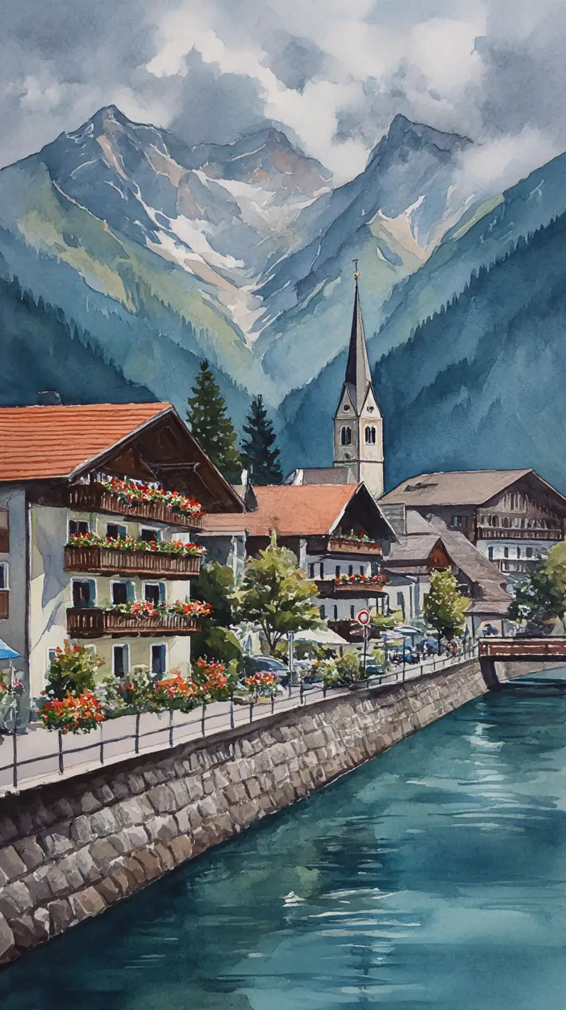 Aquarell-Alpendorf an einem ruhigen Fluss und Bergen