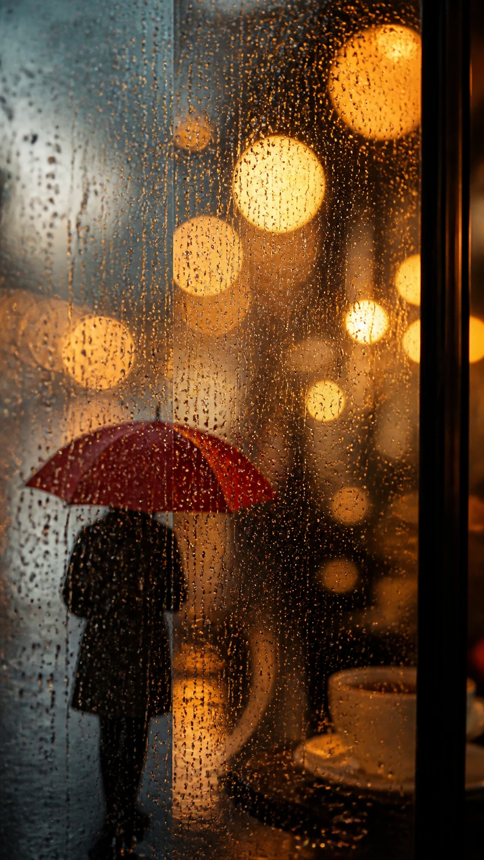 Riflesso di ombrello rosso sulla finestra piovosa di un caffè di notte
