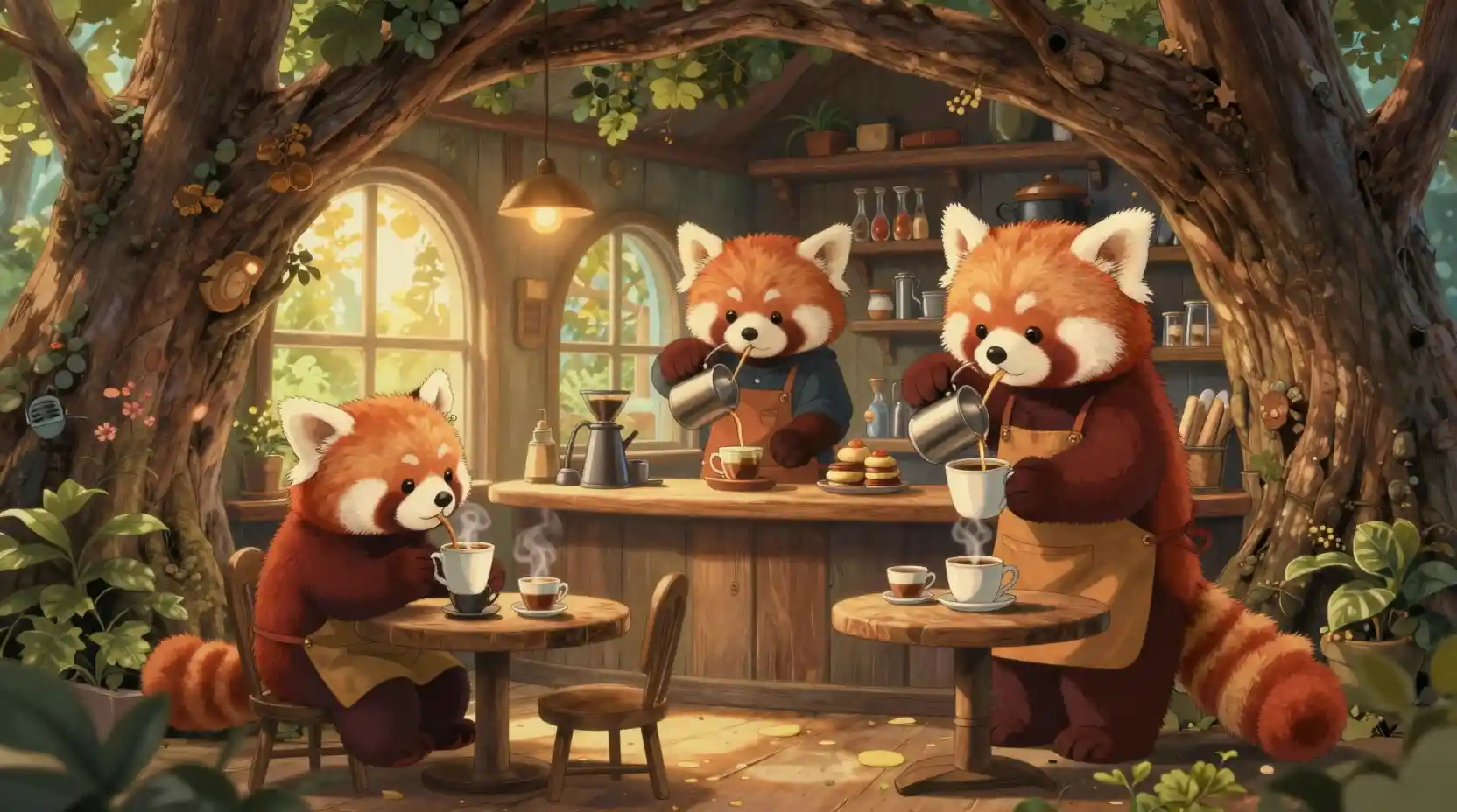Acogedora cafetería de pandas rojos dentro de un roble hueco