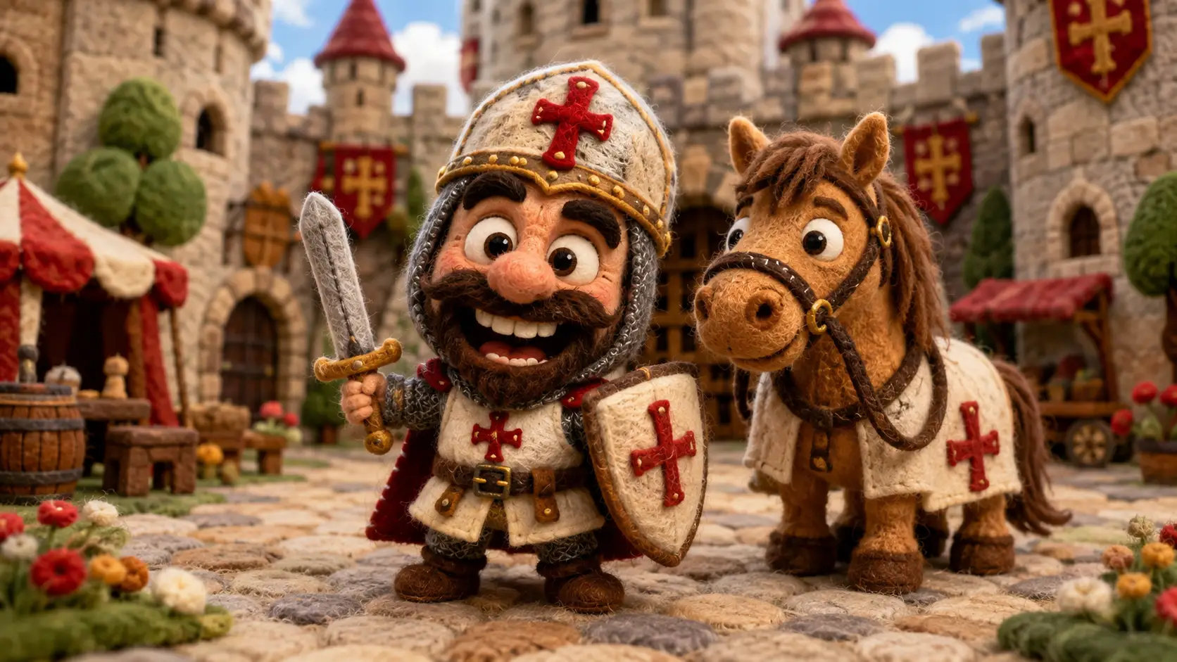 Niedlicher Filz-Kreuzritter mit Pferd im Burghof