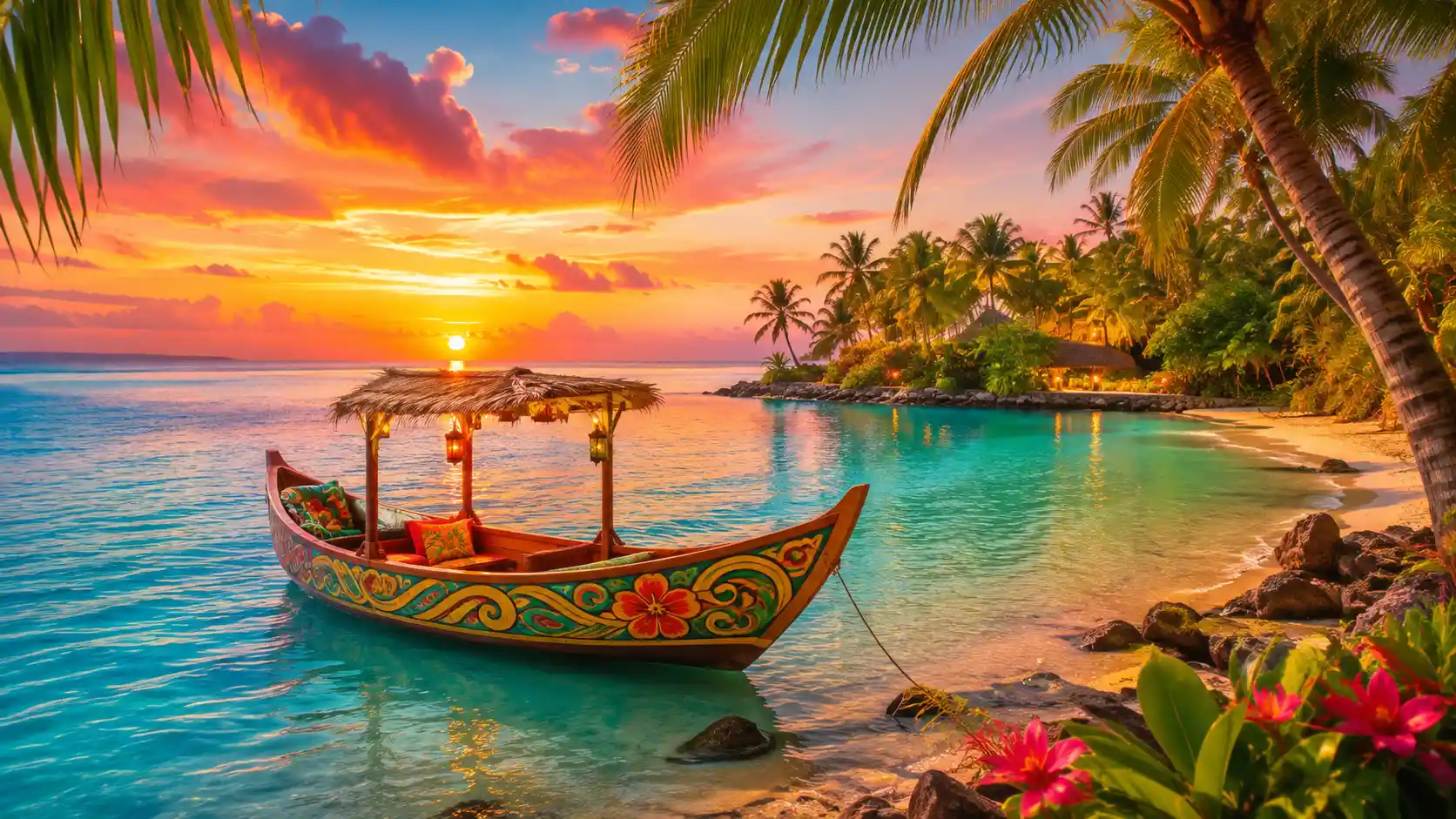 Bateau coloré sur lagon tropical au coucher du soleil