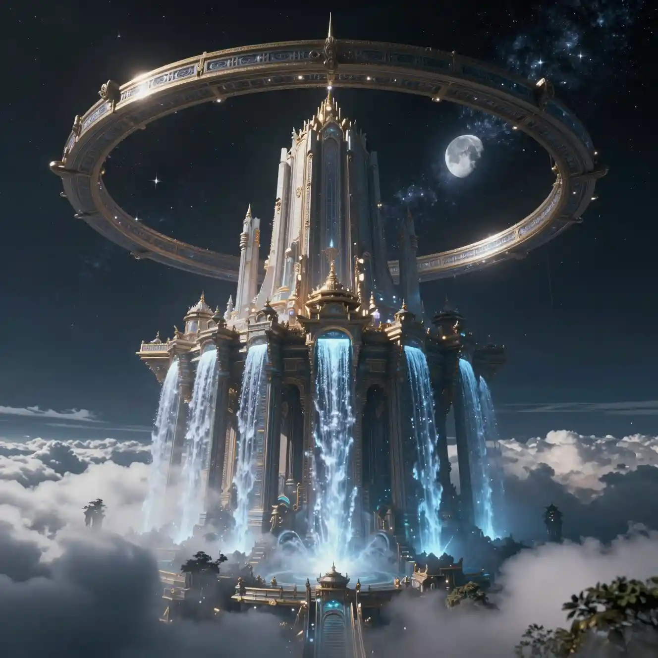 Ancient temple floating above clouds in deep space