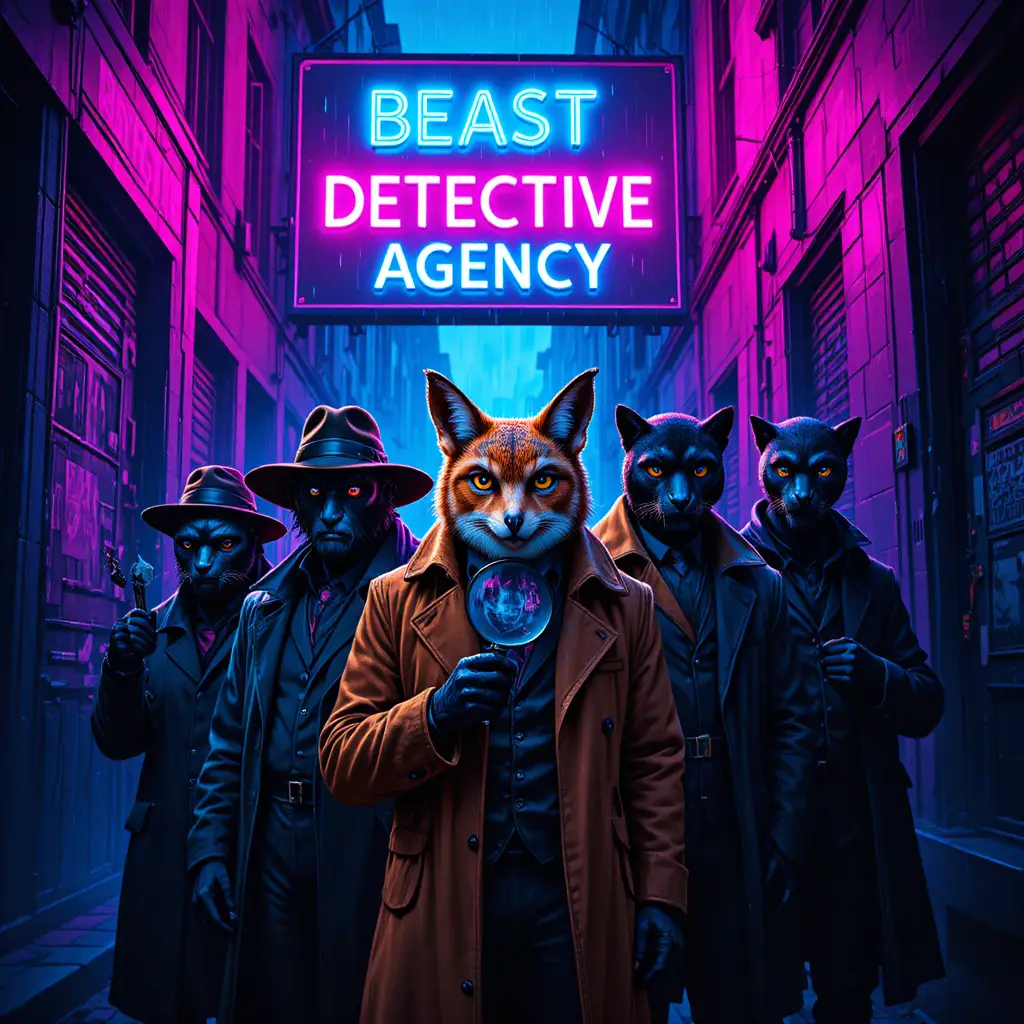 Anthropomorphic animal detectives in a neon noir city alley