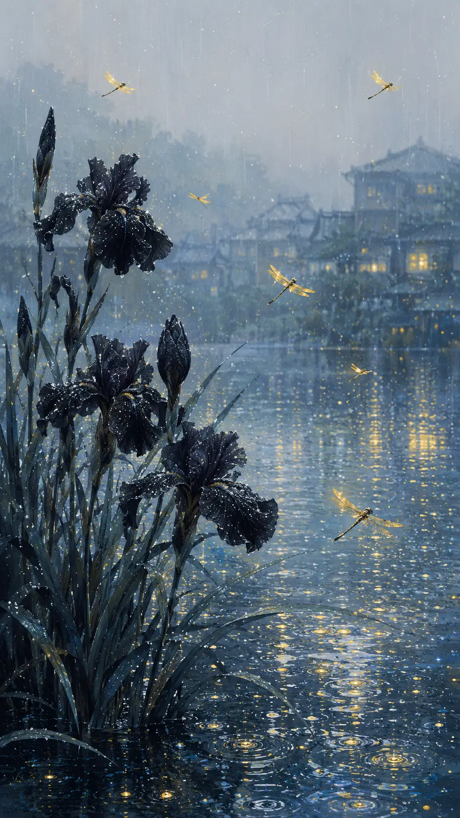 Iris neri e libellule gialle lungo un fiume sotto la pioggia