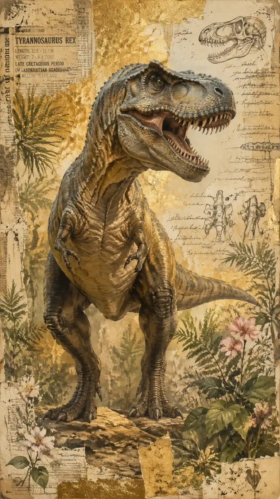 Tiranossauro rex de corpo inteiro em uma paisagem pré-histórica exuberante
