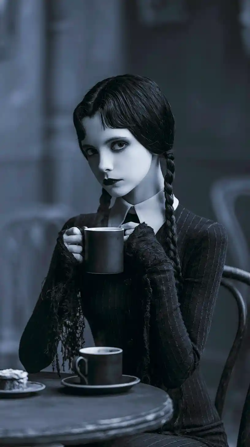 Ragazza misteriosa seduta da sola in un caffè cupo del villaggio