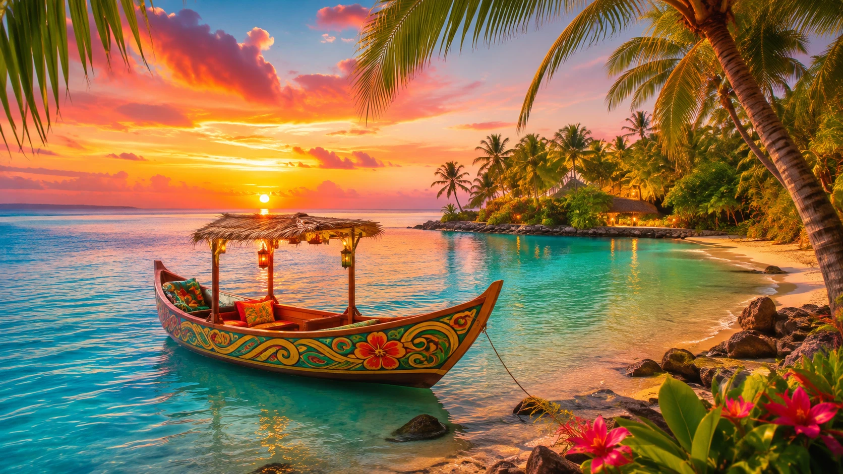 Colorful boat on tropical lagoon at sunset