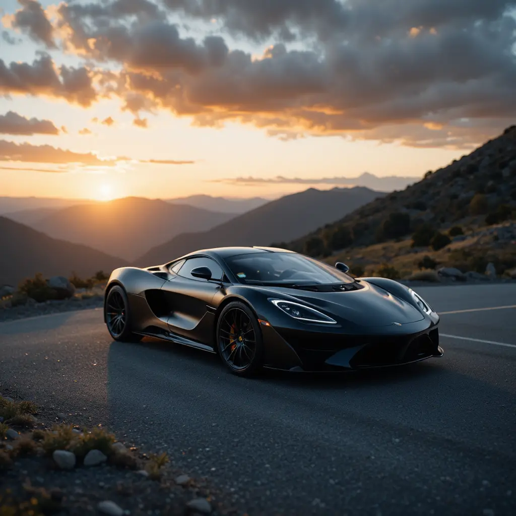 Matte black sports car on a mountain road at sunrise