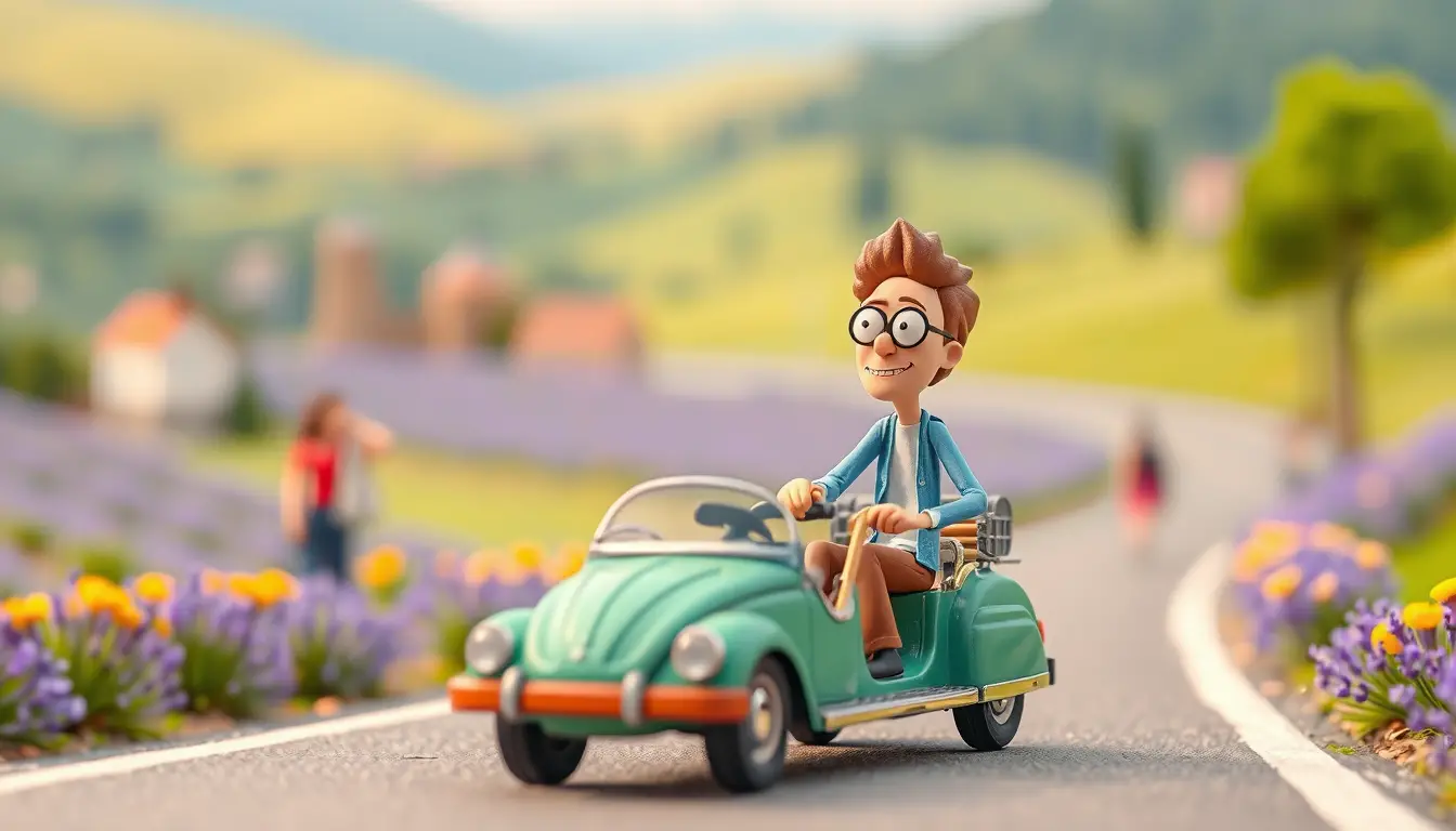 Dolce personaggio in stile Pixar che gioca con un'auto da corsa