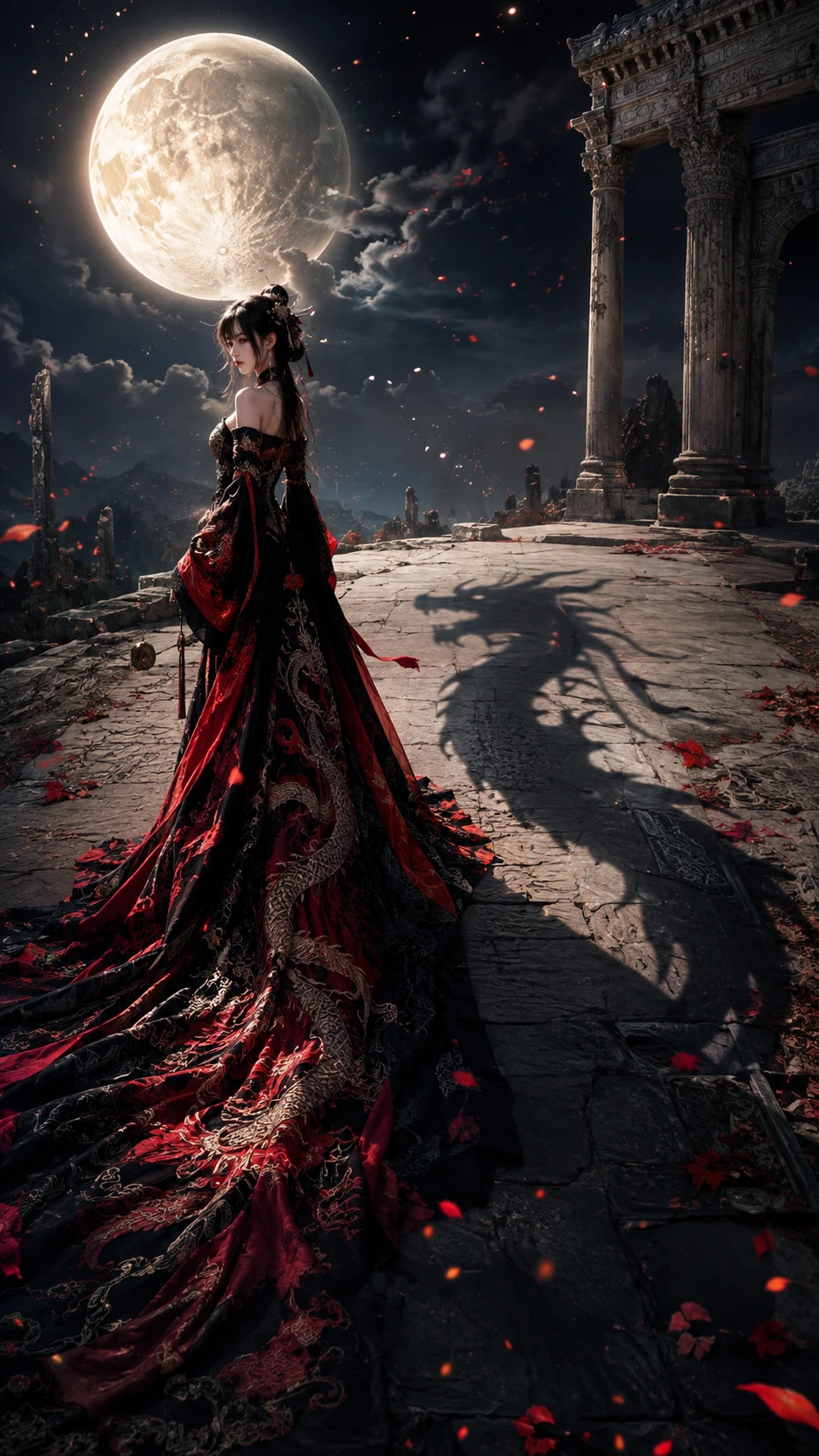 Donna in abito d’ombra di drago sotto una luna immensa