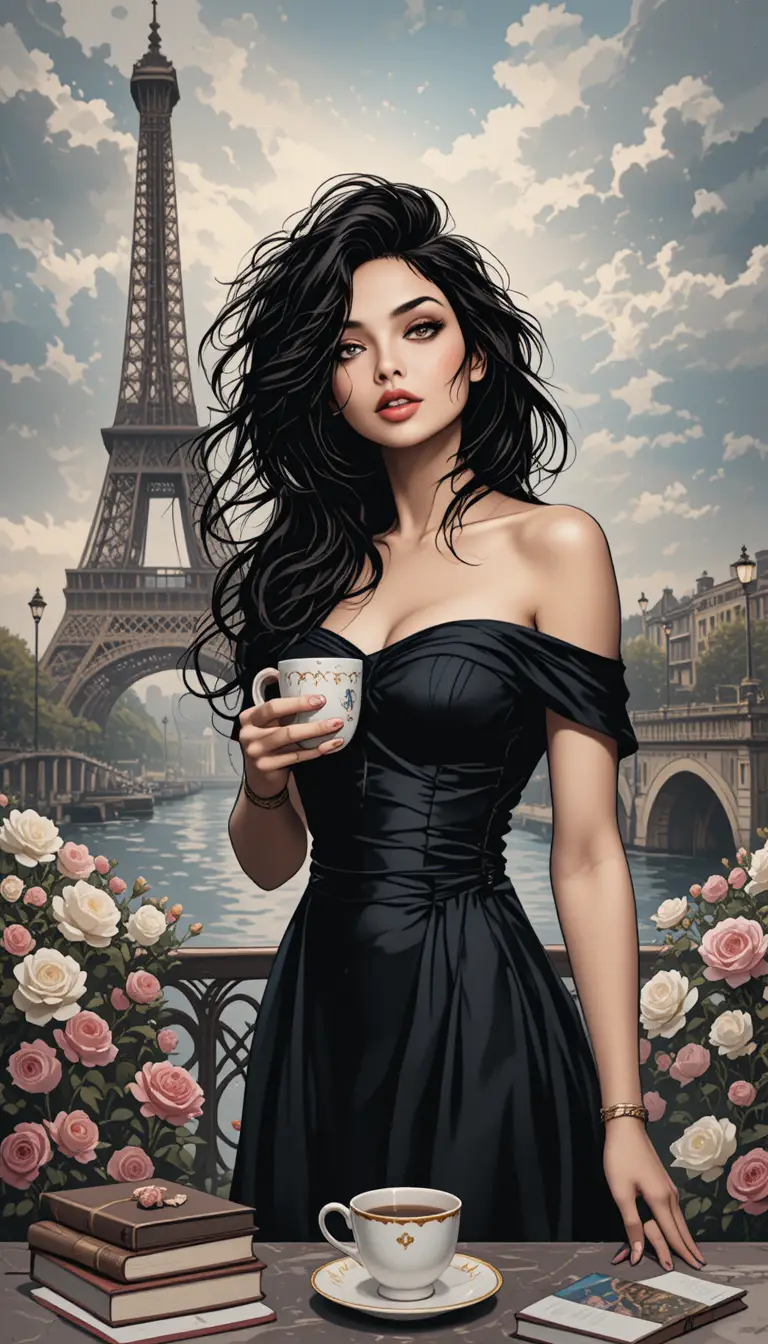 Girl in black dress with coffee by the Eiffel Tower