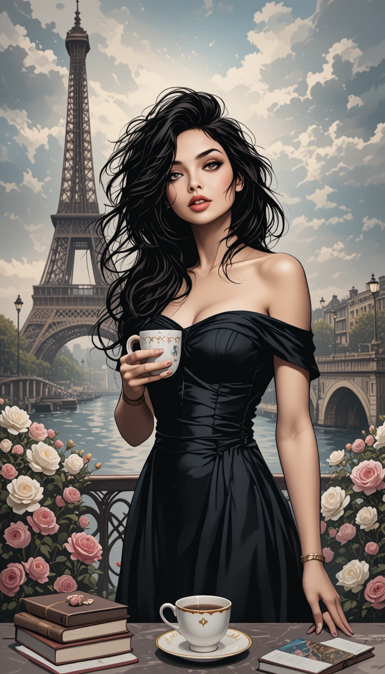 Girl in black dress with coffee by the Eiffel Tower