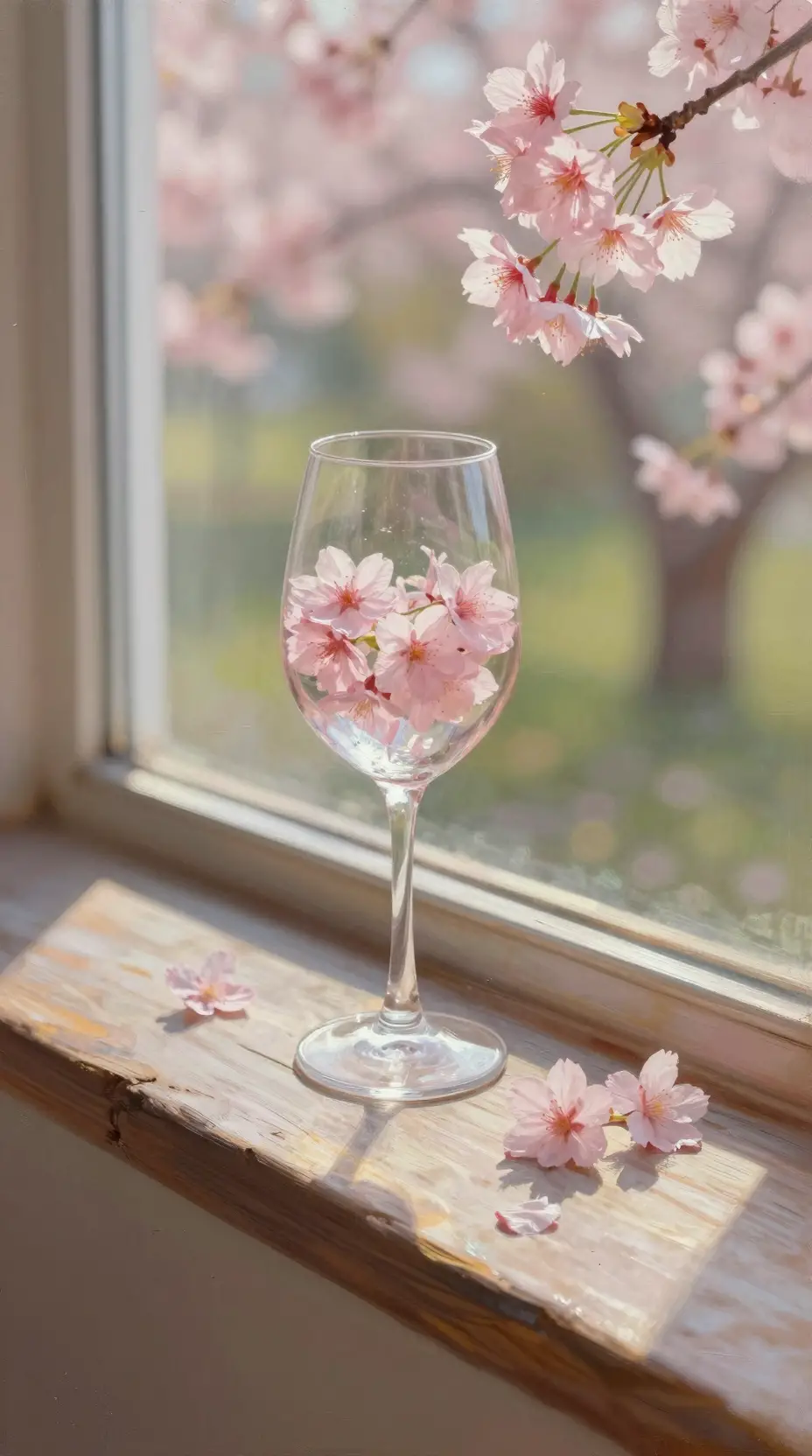 Weinglas mit Kirschblüten auf einer sonnenbeschienenen hölzernen Fensterbank