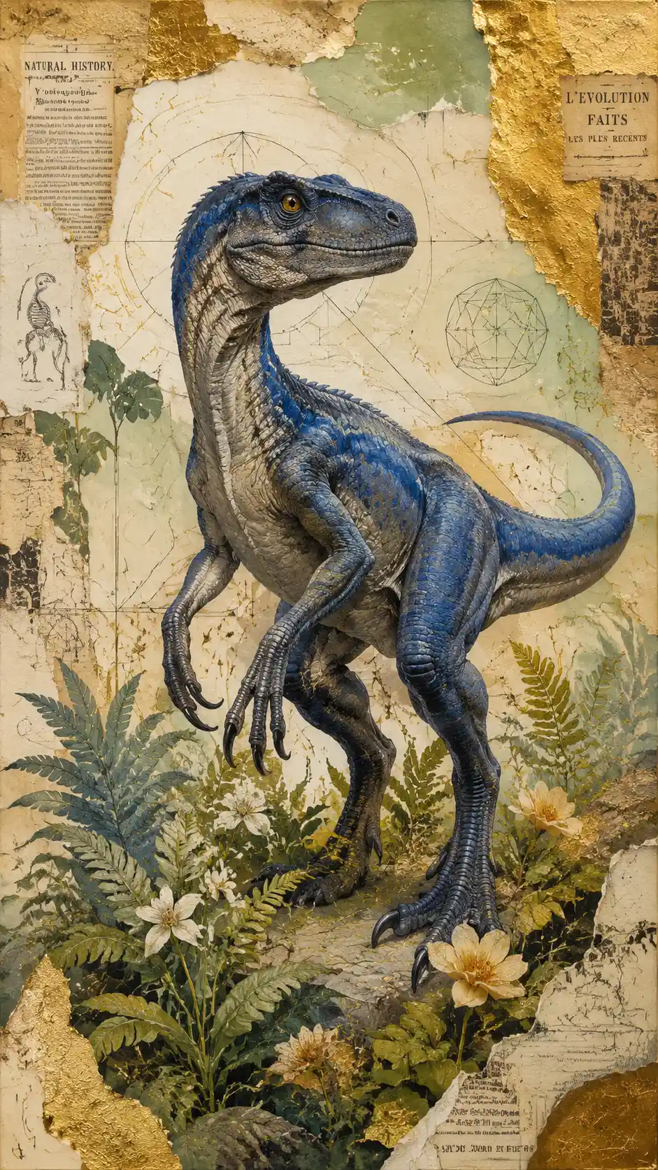 Velociraptor azul em uma paisagem natural exuberante – pintura