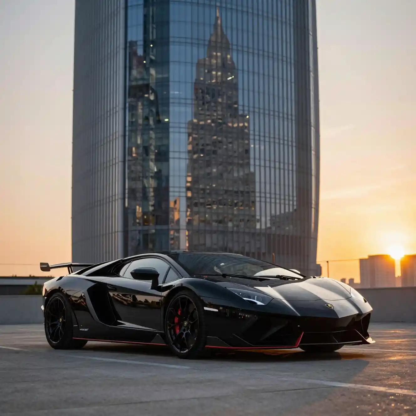 Supercar nera sotto un grattacielo futuristico al tramonto