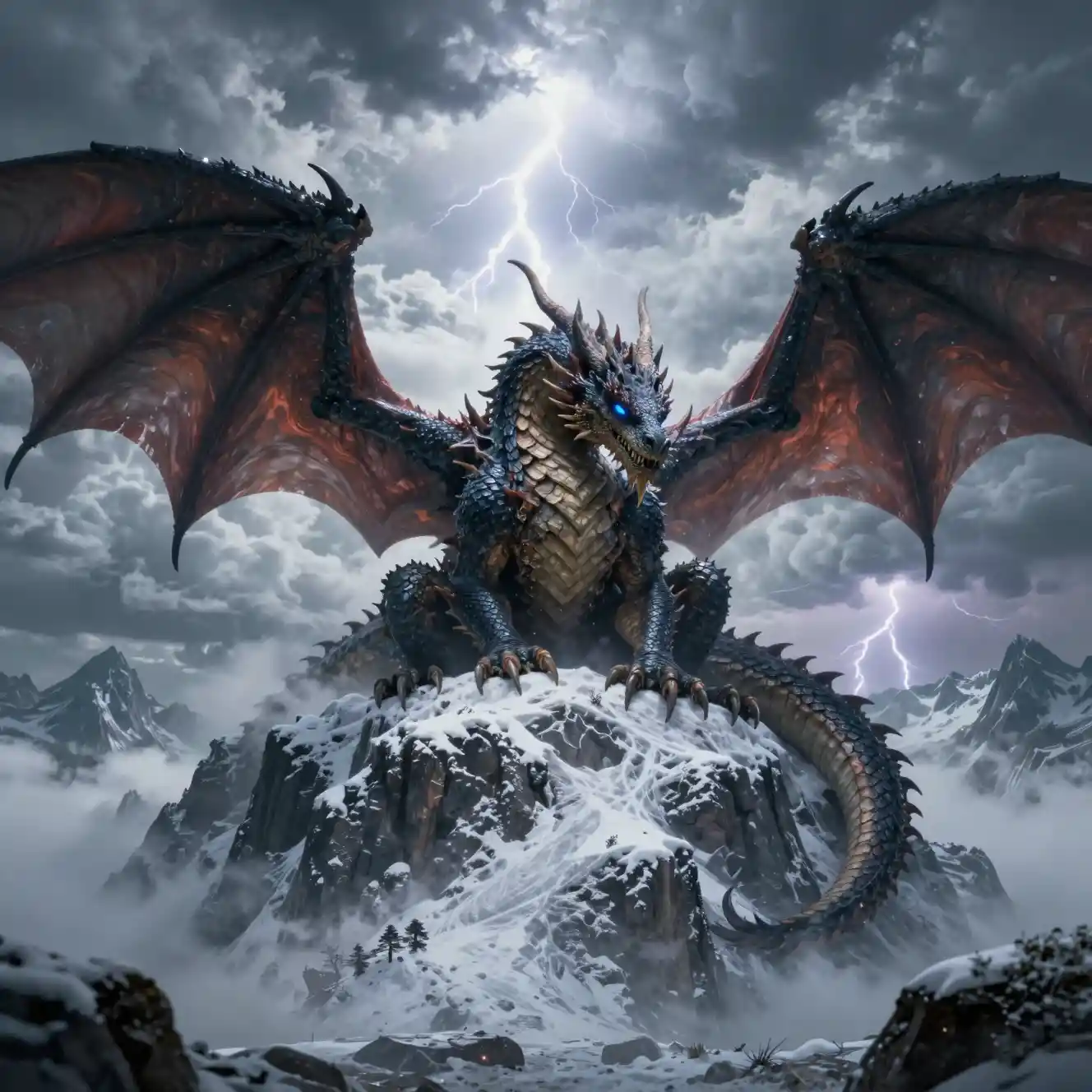 Dragon antique reposant au sommet d’une montagne enneigée en pleine tempête
