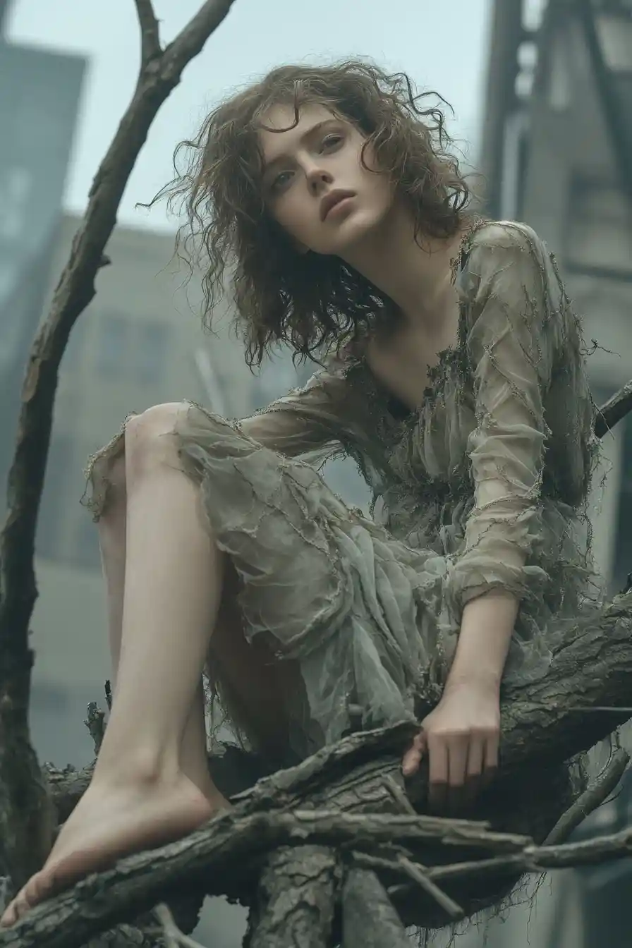 Woman on tree branch against misty industrial cityscape