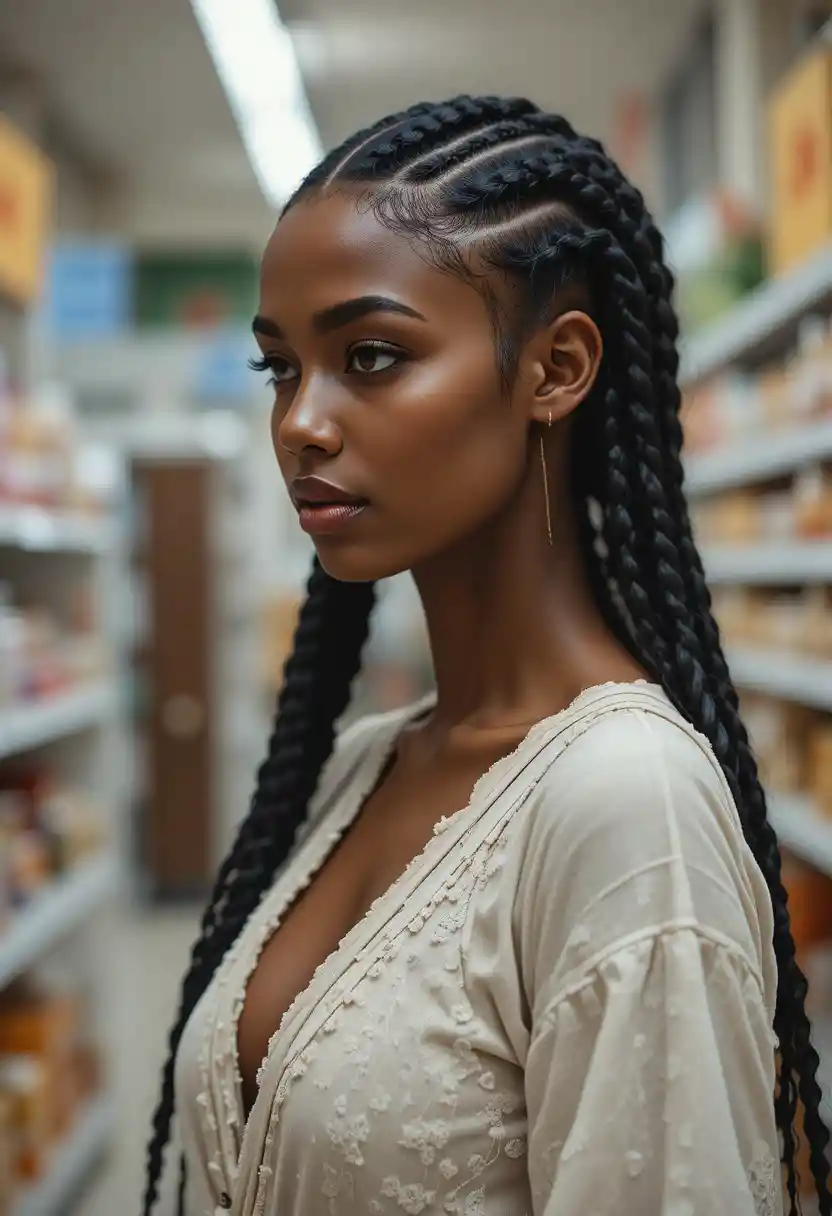 Modelo de moda fazendo compras no supermercado em seu dia de folga