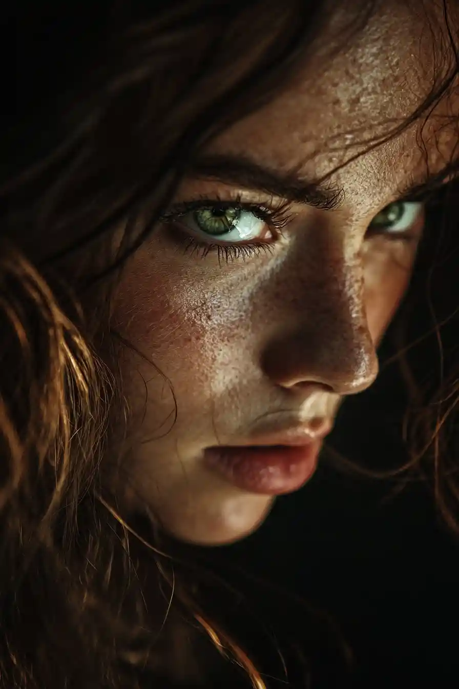 Mulher com olhos verdes intensos em retrato dramático em close