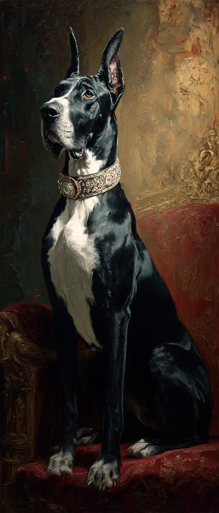 Dog allemand royal sur un trône de velours de style baroque