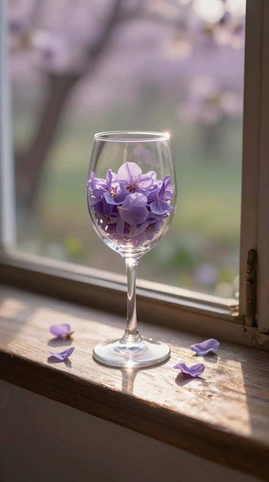 Weinglas mit violetten Blütenblättern auf einer rustikalen Fensterbank