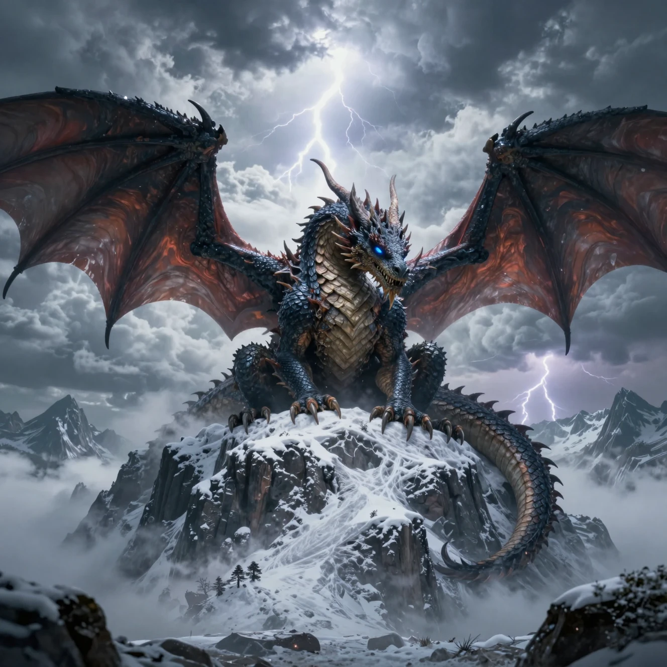 Dragon antique reposant au sommet d’une montagne enneigée en pleine tempête