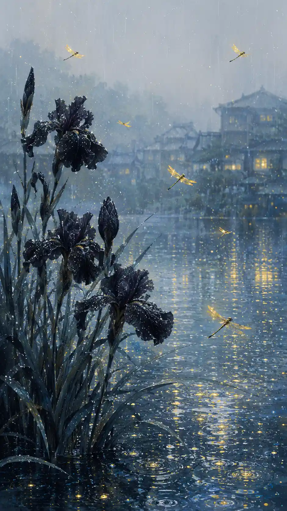 Iris noirs et libellules jaunes au bord d’une rivière sous la pluie