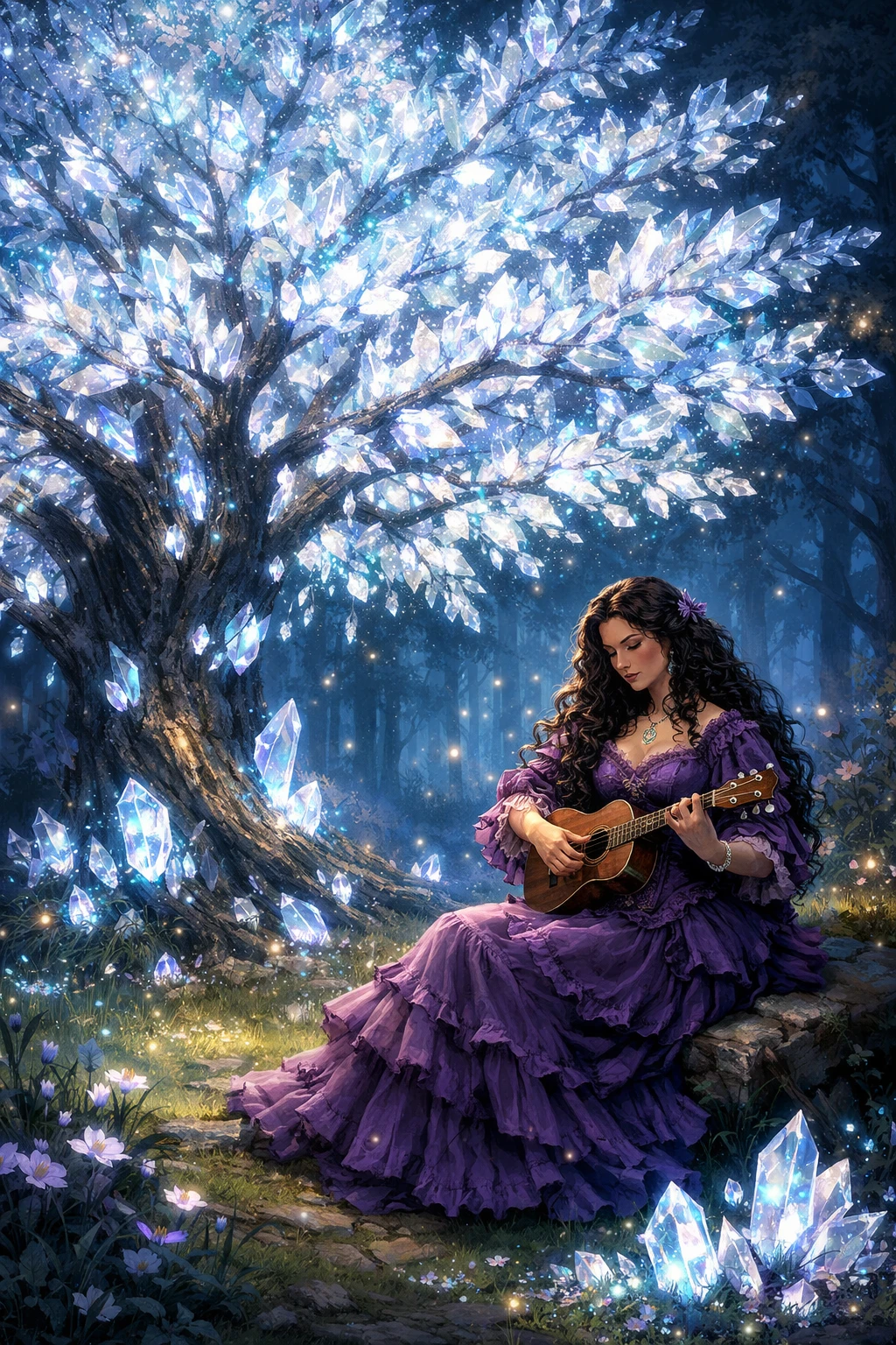 Fantasie-Frau spielt Ukulele neben leuchtendem Kristallbaum