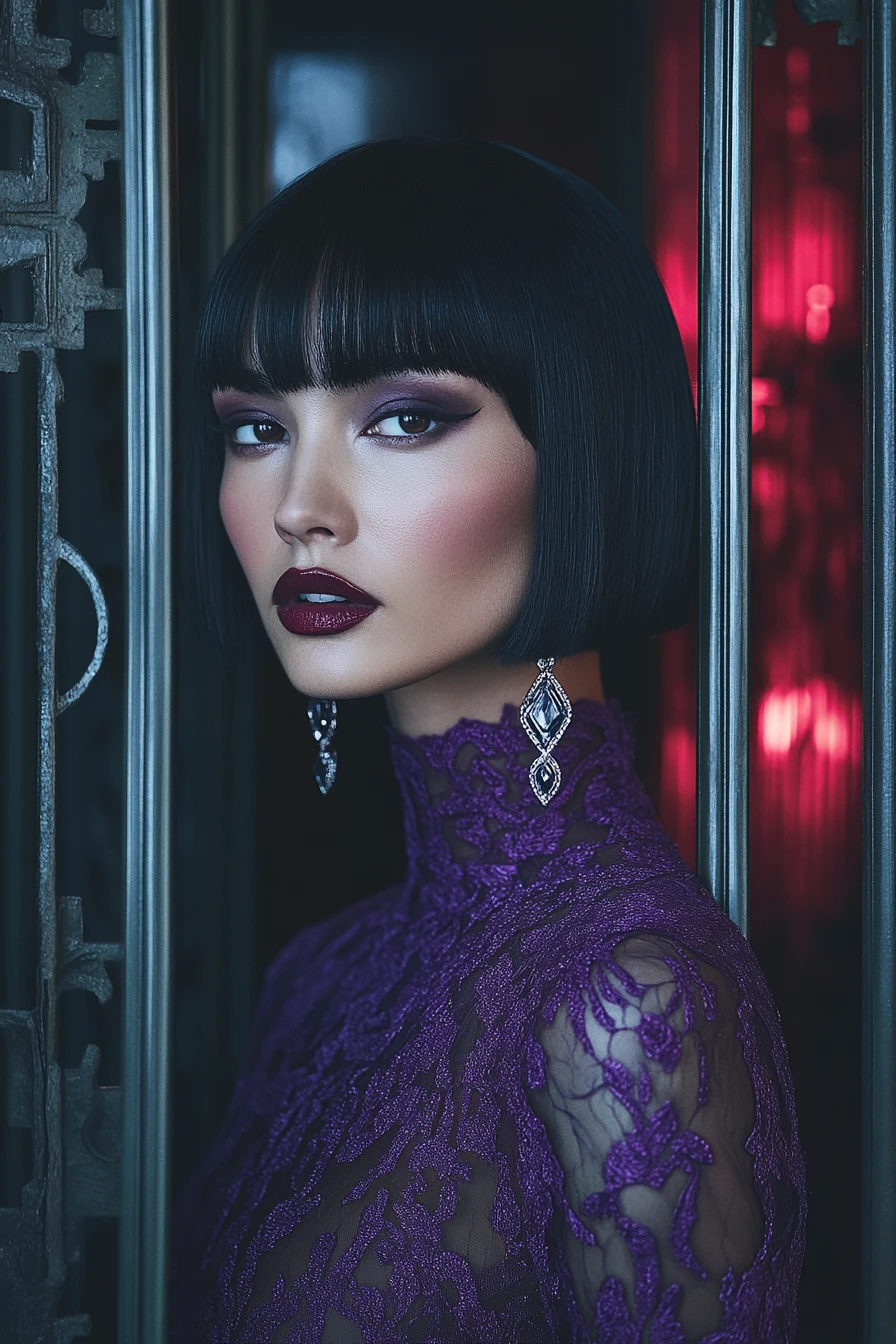 Supermodella glamour in abito di pizzo viola con caschetto