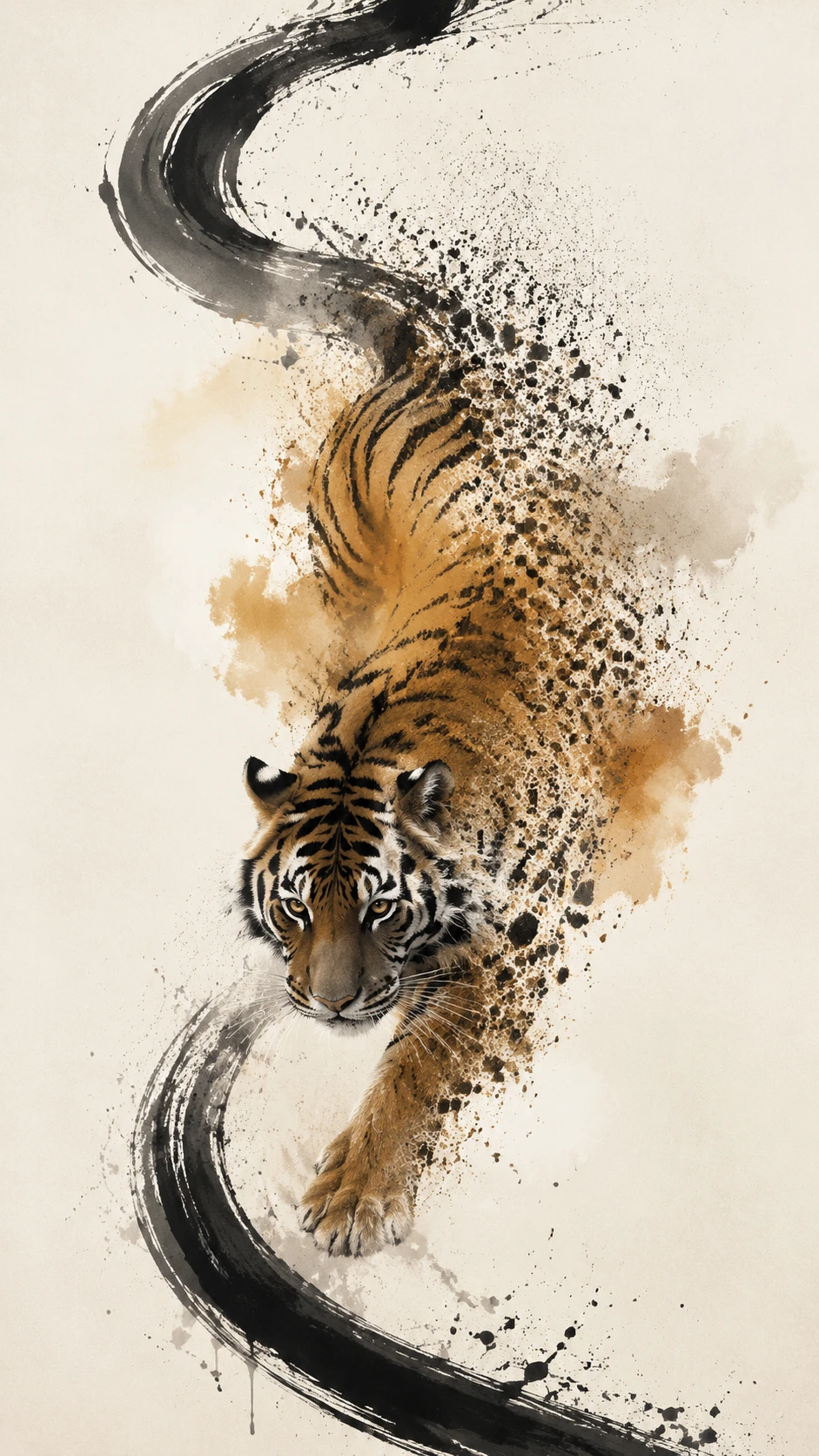 Tigre Descendant en Trait d’Encre Fluide et Mouvement de Particules