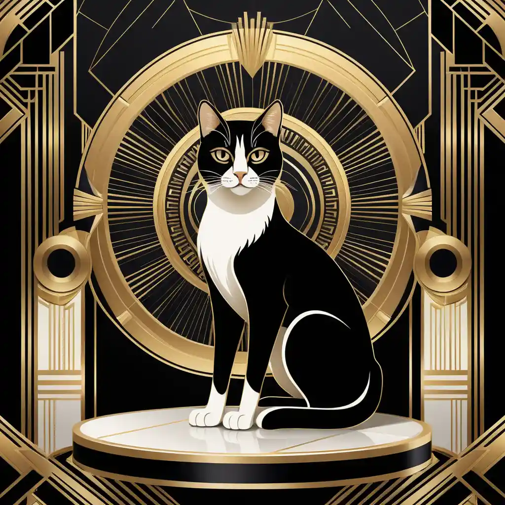 Gato majestoso em pedestal geométrico em estilo art déco