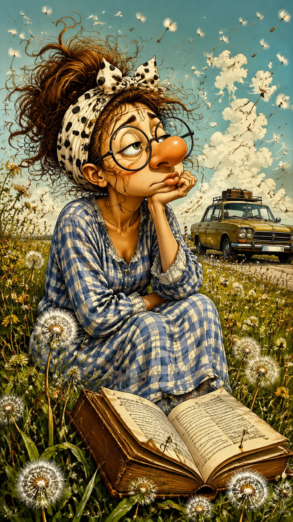 Dreamy girl in tall green grass with open book