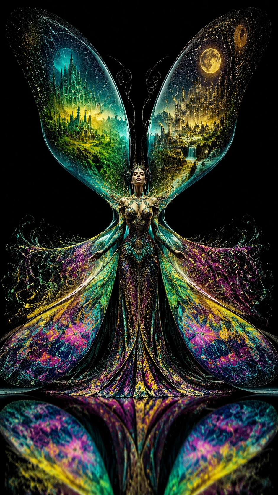 Mulher de alta-costura surreal fundida com ampulheta colossal de borboleta