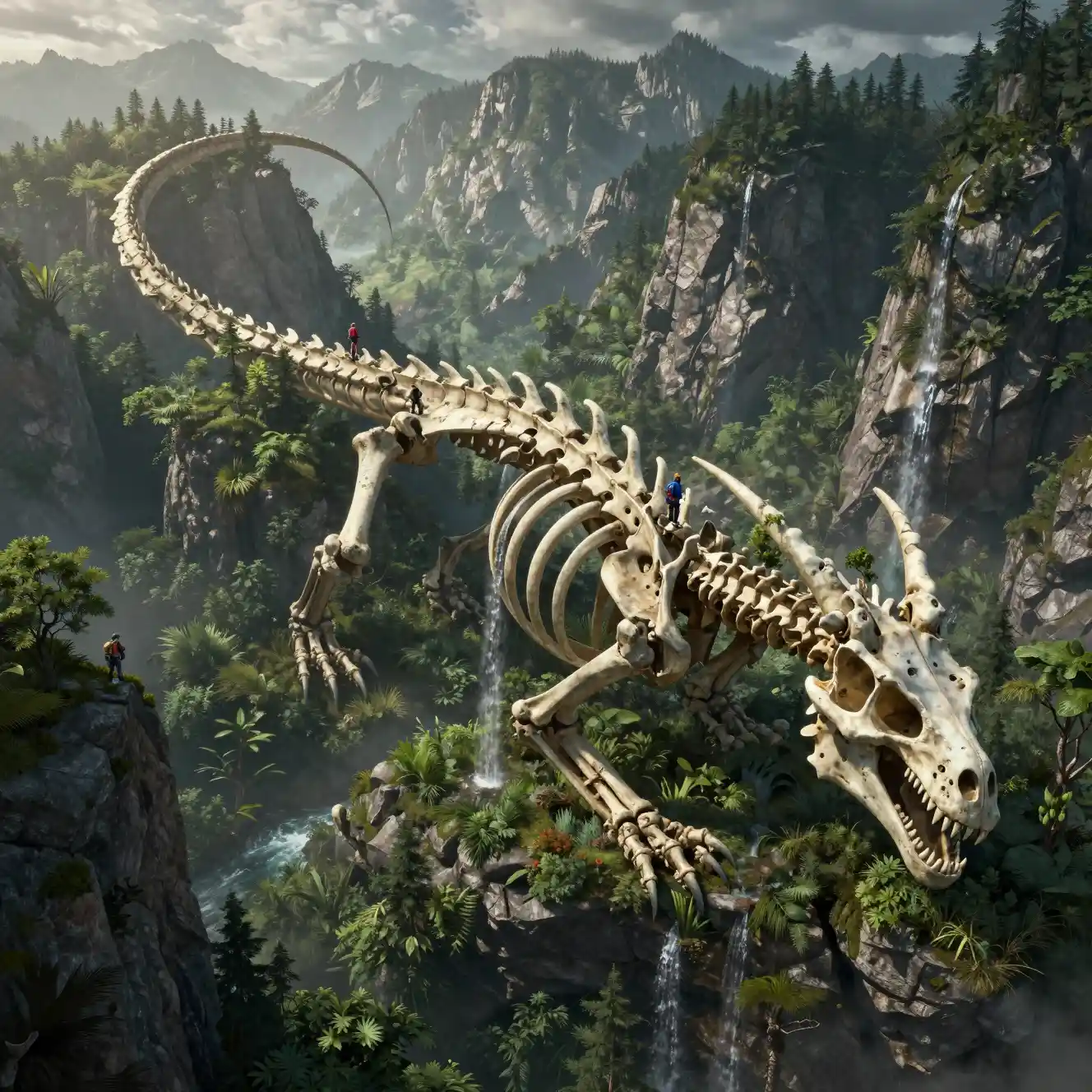 Chaîne de Montagnes en Squelette de Dragon Ancien à Travers un Continent Immense