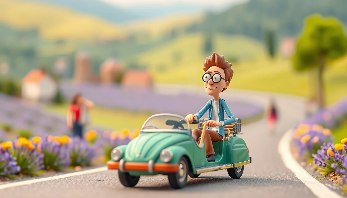 Niedliche Pixar-ähnliche Figur, die mit einem Rennwagen spielt