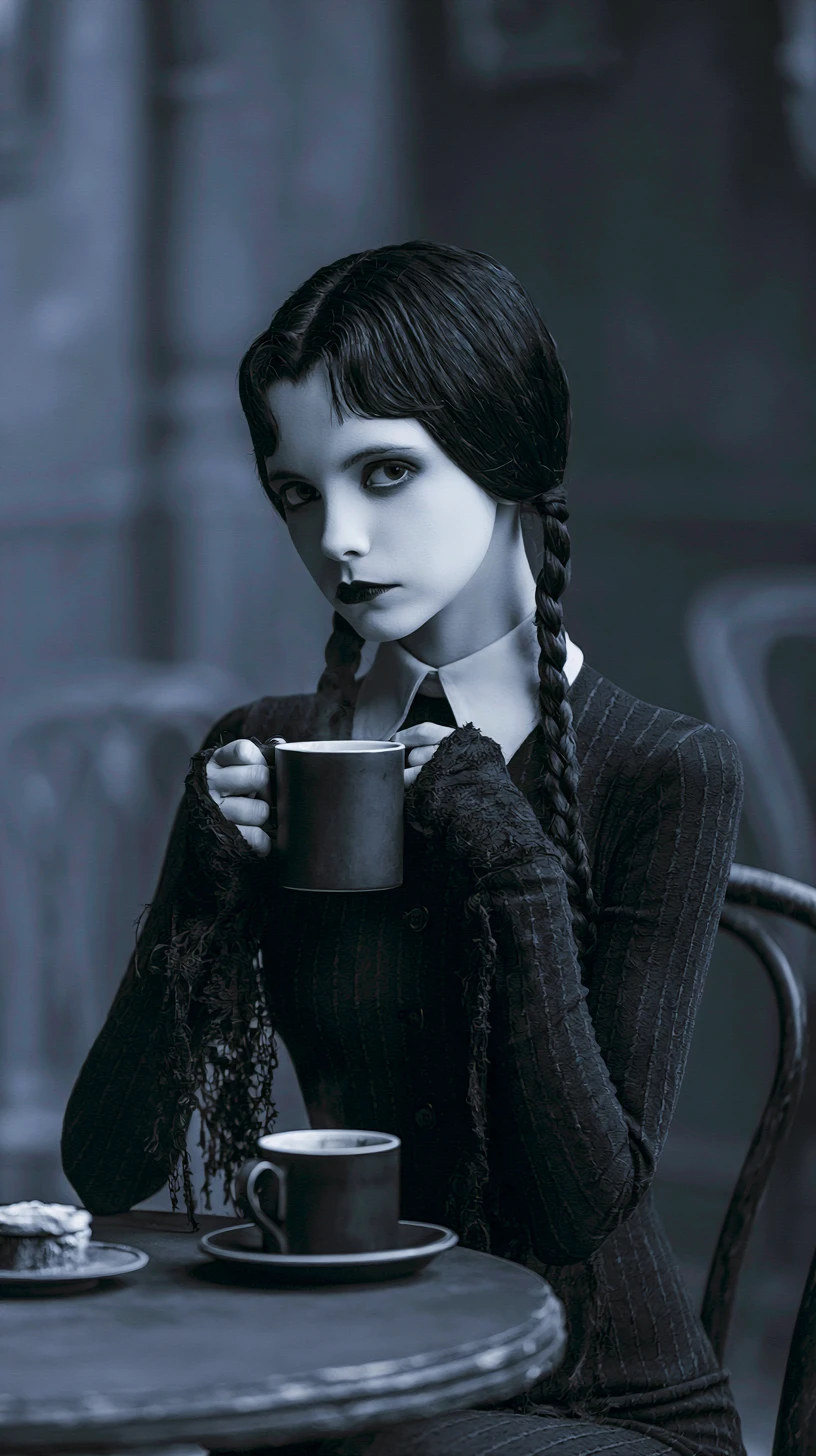 Mysterious girl sitting alone in a gloomy village cafe