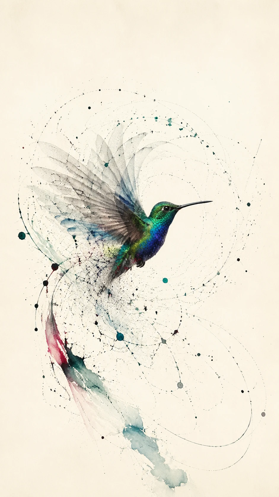 Piccolissimo colibrì che fluttua in un vasto spazio minimalista color avorio