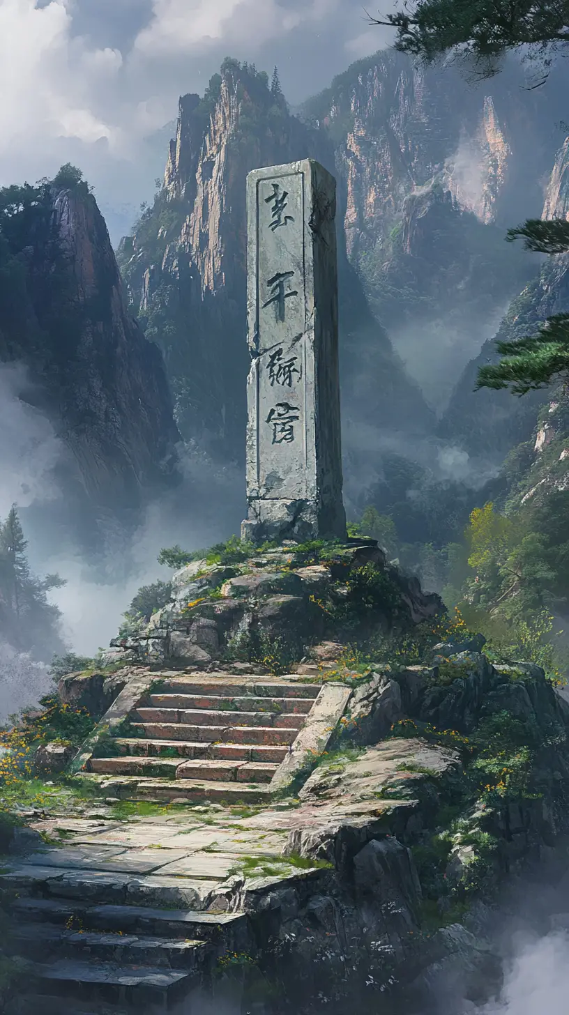 Steinmarkierung im abgelegenen Bergtal Anime-Illustration