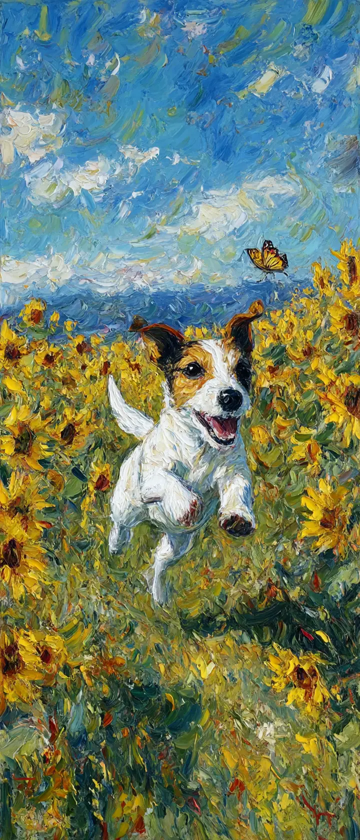 在向日葵田裡追逐幽靈蝴蝶的活潑梗犬