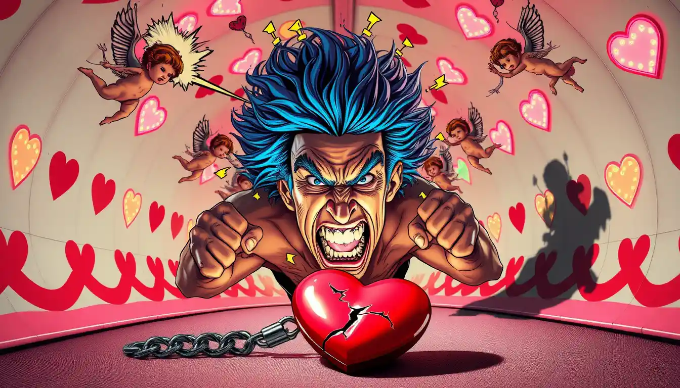 Furious figure exploding in a surreal tunnel of love