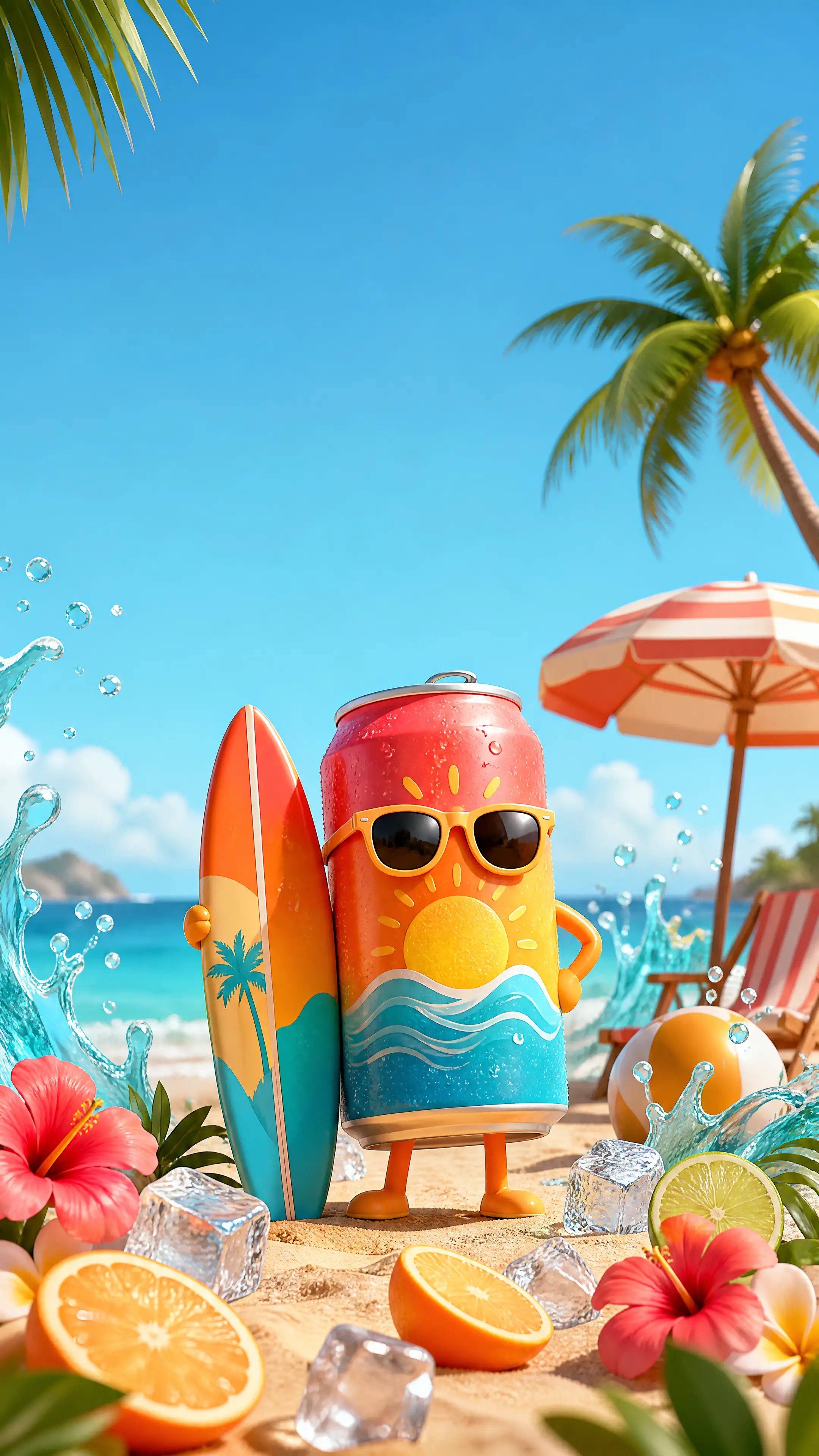 Mascotte lattina di soda tropicale su spiaggia soleggiata con tavola da surf