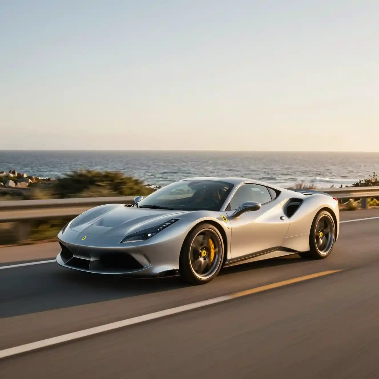 Silver sports car on a coastal highway at golden hour