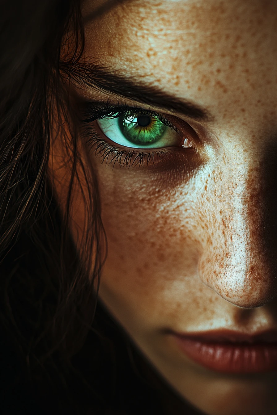 Retrato fechado e dramático de mulher com olhos verdes intensos